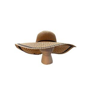 Oversized Straw Sun Hat Wide Brim Floppy Beach Woven Tan Black Trim Boho Resort